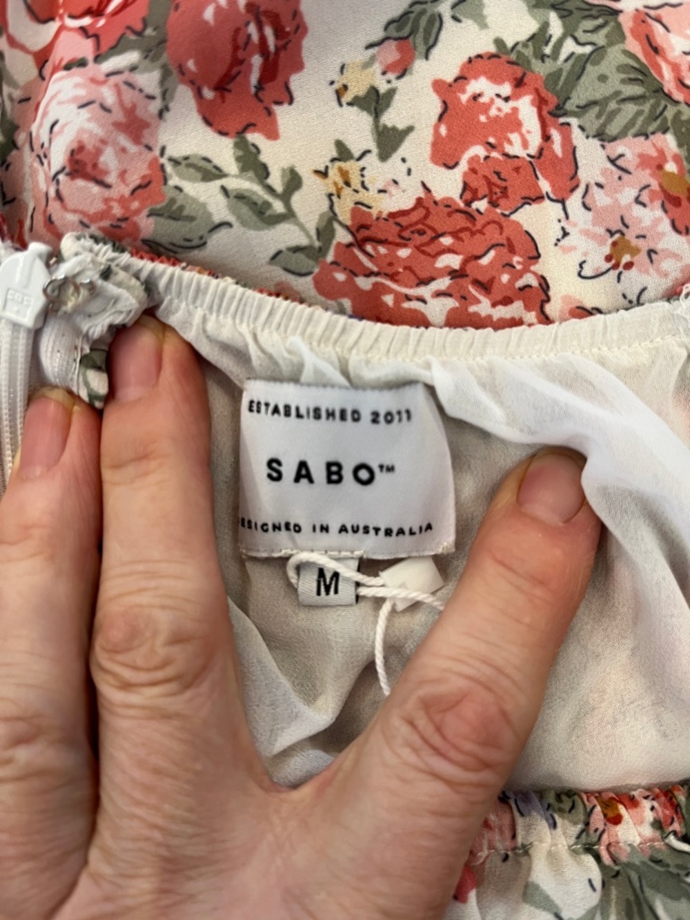 Sabo Floral Puff-Sleeve Mini Dress Cream Rose Green Purple designed in Australia - Picture 11 of 13